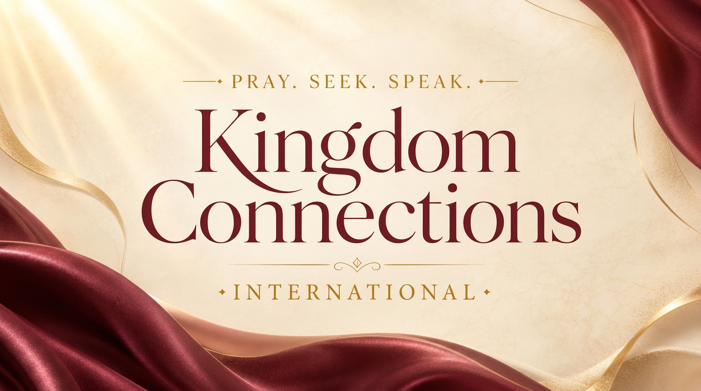 Kingdom Connections — elegant burgundy silk and gold banner with burgundy flags
